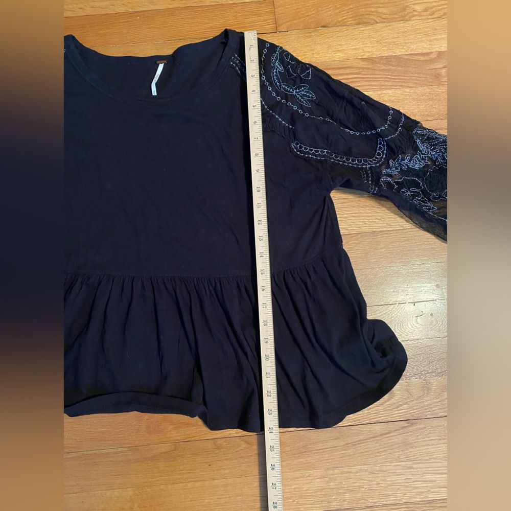 Free People BLACK  BLOUSE WITH silver Embroidered PARTIAL SHEER SLEEVE